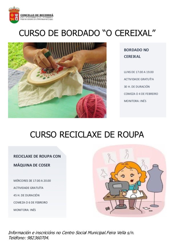 Curso de Bordado no Cereixal e Curso de Reciclaxe de roupa